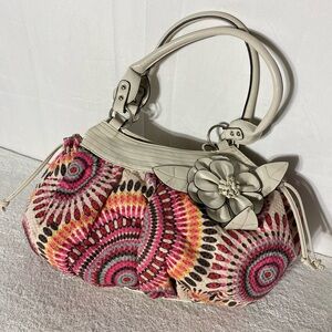 Vintage Y2K K Studio Vibrant Pink Orange Print Purse W Cream Faux Leather Accent